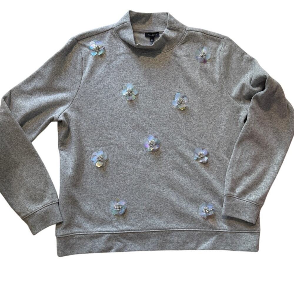 Talbots Gray Embellished Sweatshirt Floral Sequins Pearl Detail Size Medium